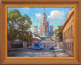 Московский пейзаж со сталинской высоткой, летний день, масло