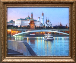 Закат над Москвой-рекой, вечерние огни, картина маслом