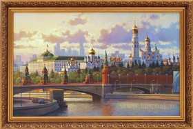 Золотые купола московского храма на закате, картина маслом на холсте