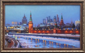 Ночная заснеженная Москва с подсветкой Кремля, картина маслом «Ночная Москва. Кремль»
