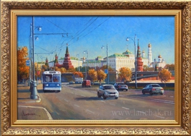 Осенний пейзаж Москвы с видом на набережную, картина маслом