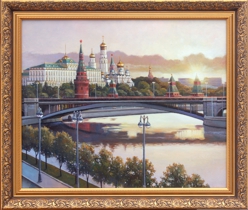 Рассвет над Москвой, первые лучи над Кремлём, картина маслом на холсте