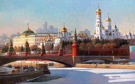 Картина маслом «Солнечный день» – светлый пейзаж Москвы с башнями Кремля