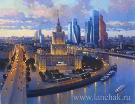 Вечерняя Москва, мягкий свет фонарей на картине художника