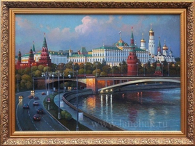 Вечерний вид на Московский Кремль и Большой Каменный мост, картина на холсте