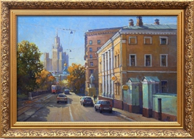 Летний Яузский бульвар, зелёный московский пейзаж, картина маслом
