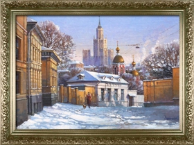 Зимнее утро в Москве, мягкий свет на улицах, картина маслом