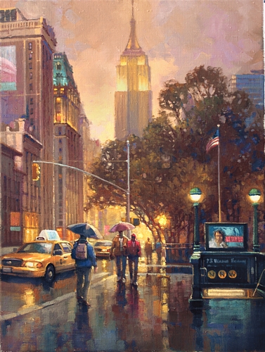 Нью Йорк. Вечер на 23-й. Вечерний вид улицы Манхеттена в Нью Йорке. Картина маслом Максима Ланчака купить