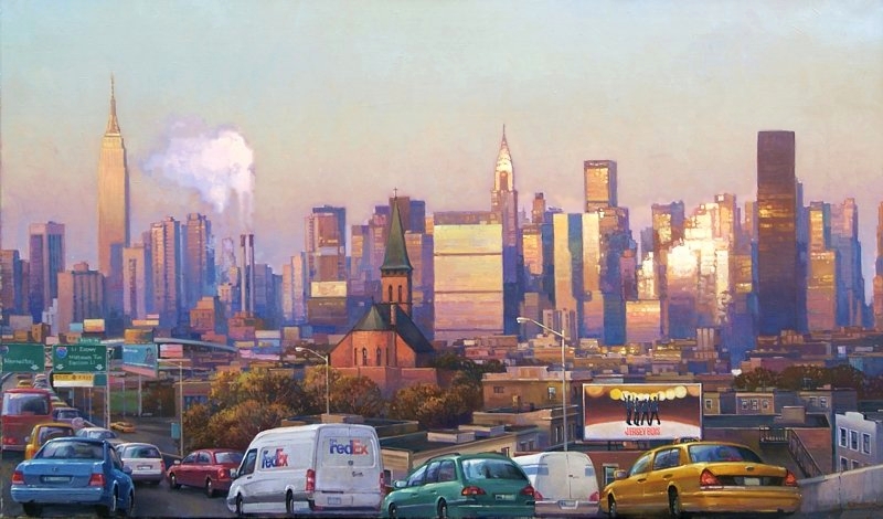 Вид на Манхеттен из Бруклина, раннее утро. Картина маслом Максима Ланчака купить