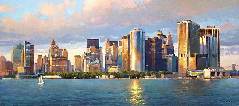 Вид на Даунтаун со стороны залива, Нью Йорк, картина маслом