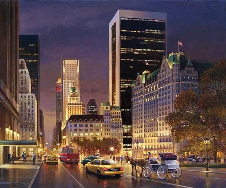 Вид Пятой авеню Манхеттена в районе 59-й улицы. Картина маслом художника Ланчака купить