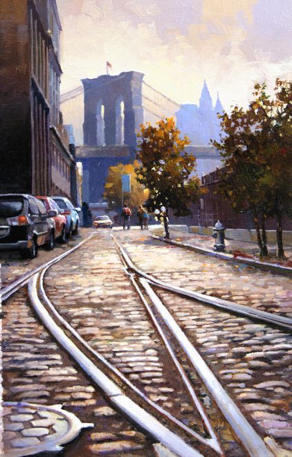 Улица в Бруклине. Вид на Бруклинский мост. Картина художника Максима Ланчака купить