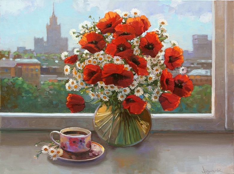 Маки на окне, картина маслом