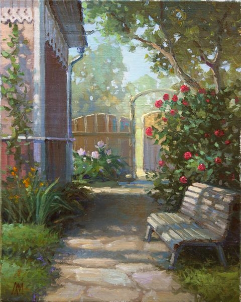 Скамейка, картина маслом