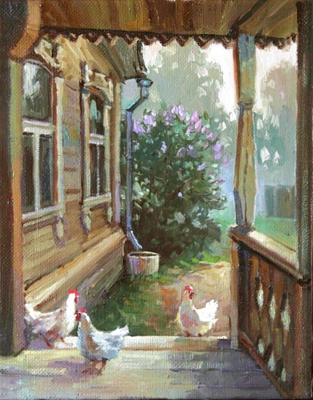 Утро в деревне, картина маслом