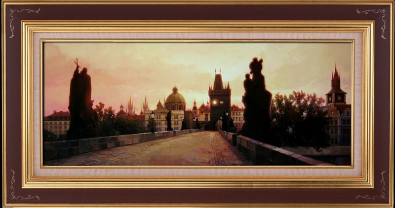 Закатное небо над Прагой, городской пейзаж, картина маслом