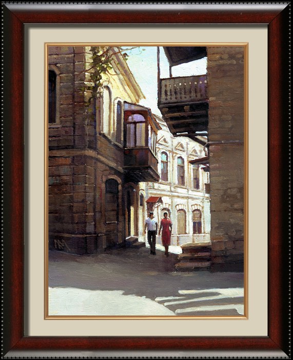 Улочка Баку, старинная архитектура и игра света и теней. Картина маслом